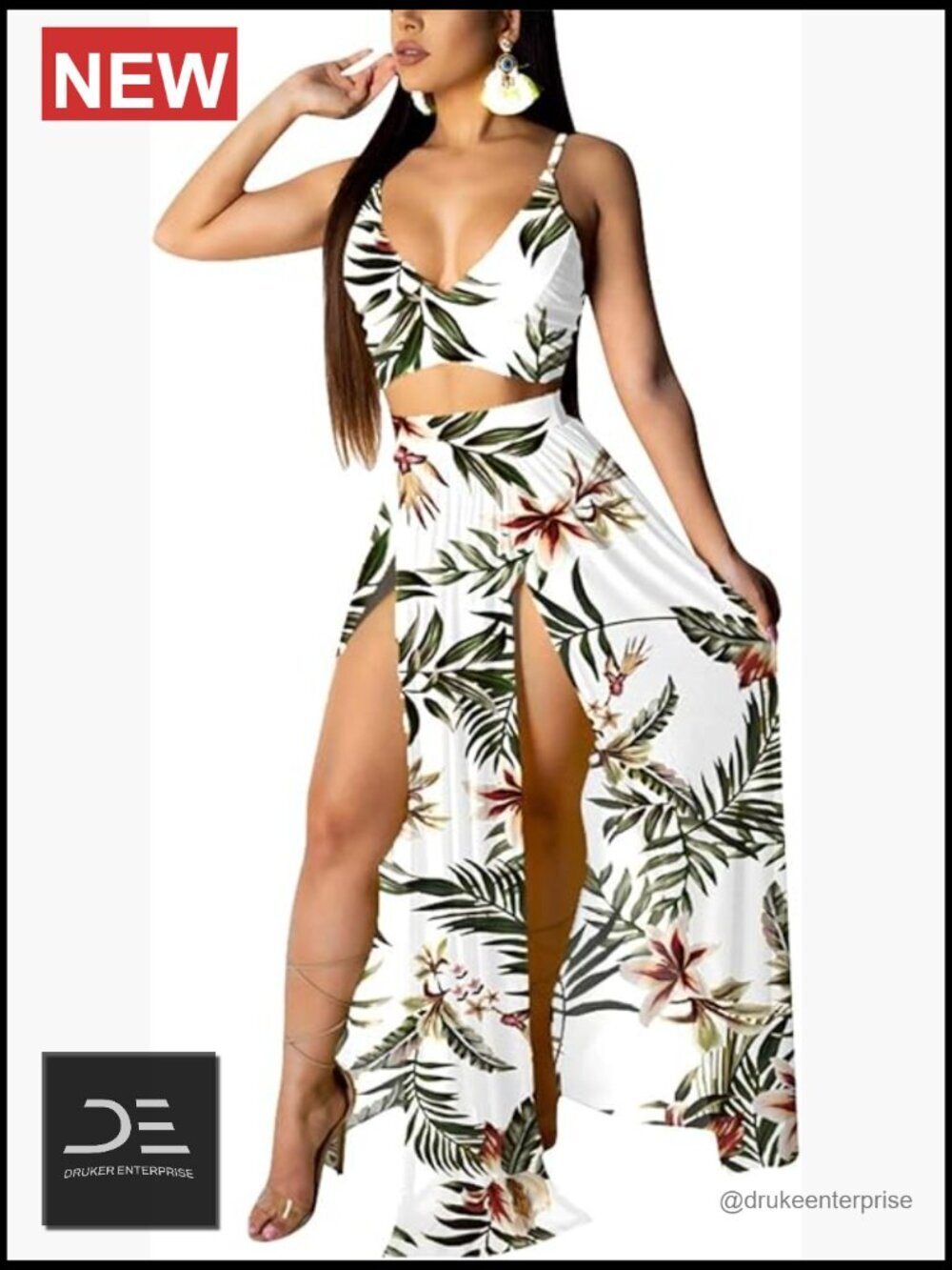 Chiffon Bohemian Floral Printed 2 Piece Crop Cami Top & Split Maxi Dress